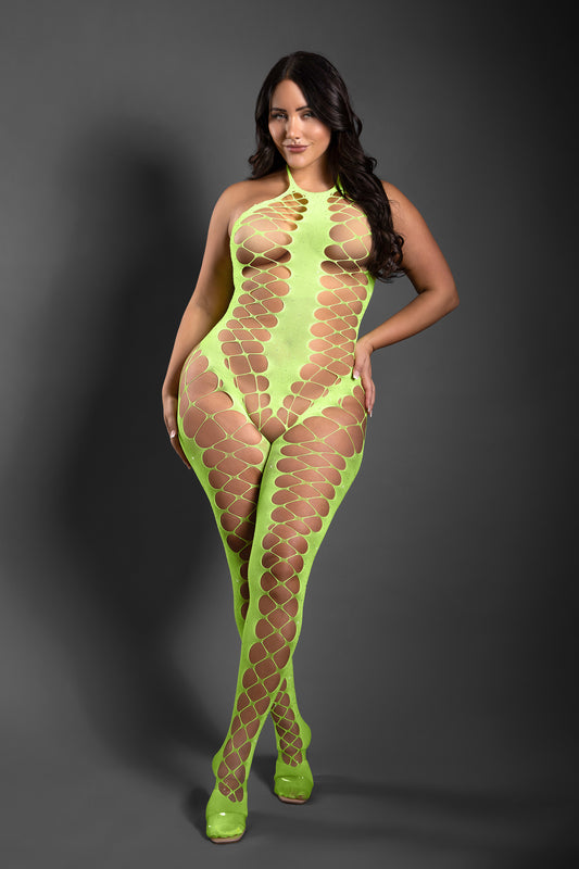 Sheer Fantasy Unstoppable Crotchless Rhinestone Halter Bodystocking Queen